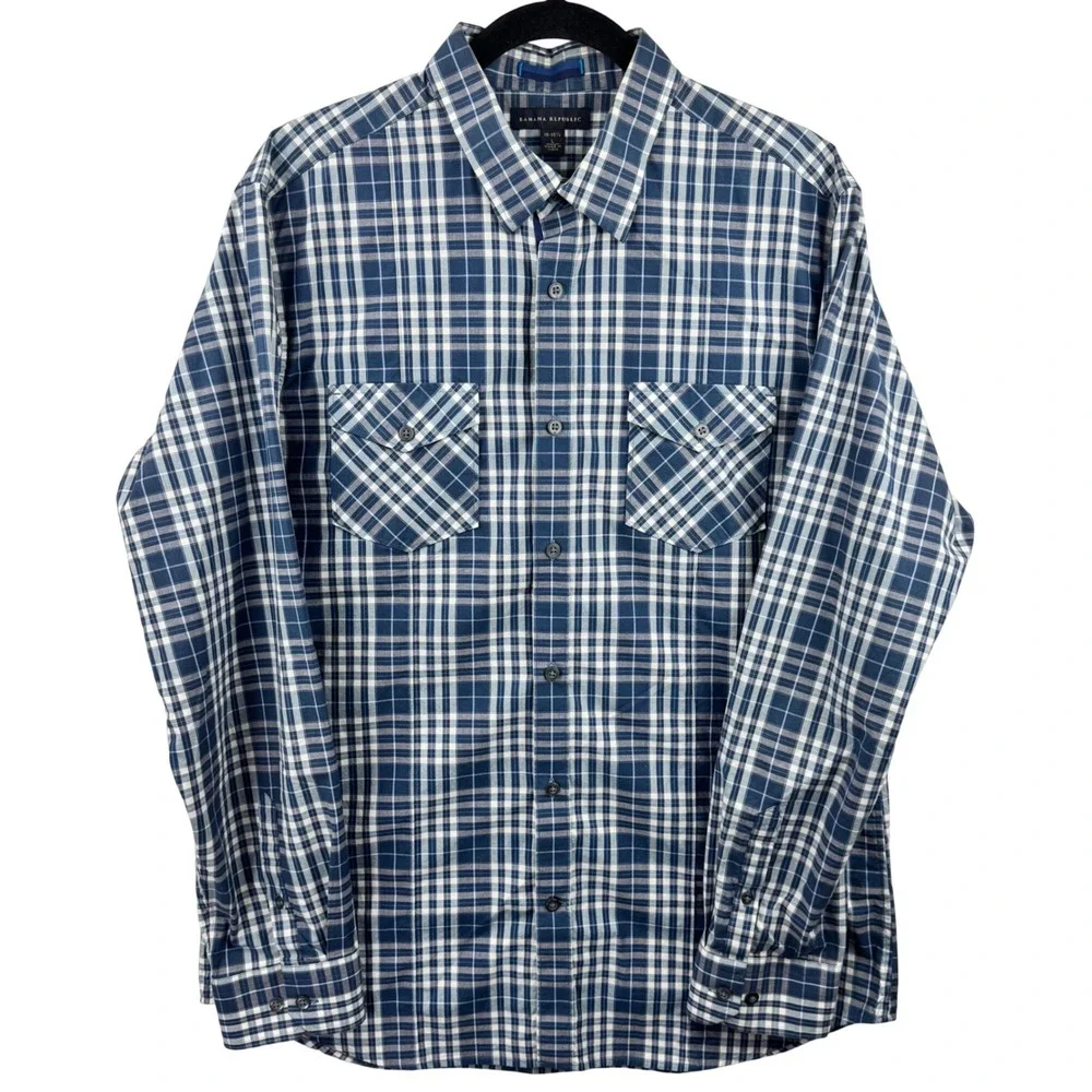Banana Republic Button Down Shirt Men L Navy Blue Plaid Stretch Long Sleeve 6720